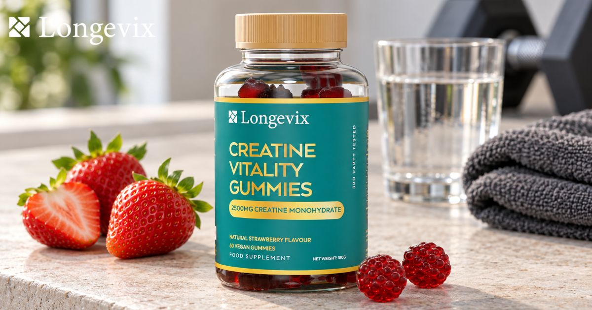 Longevix Creatine Vitality Gummies with strawberries, red gummies and a water glass