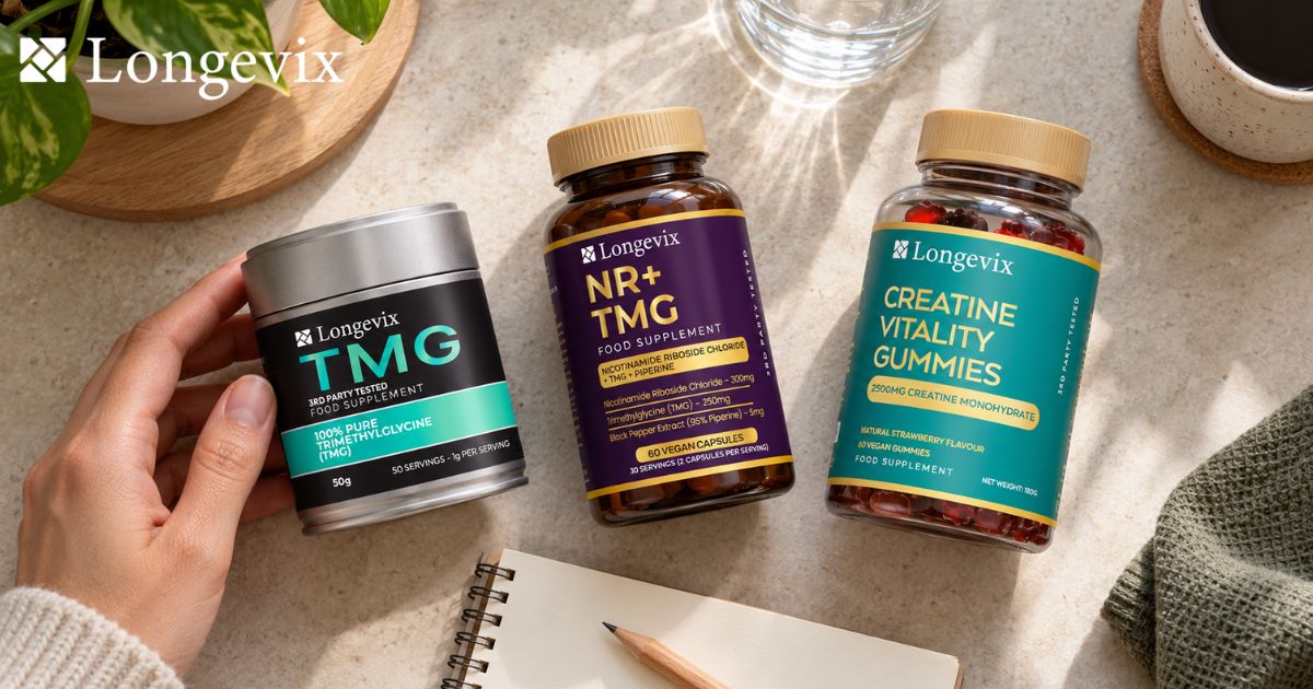 Longevix TMG powder, NR and TMG capsules, and Creatine Vitality Gummies arranged together