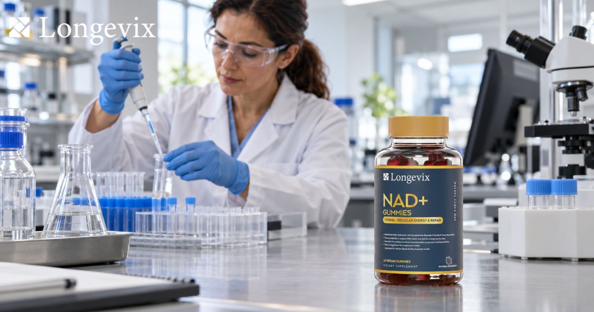 Scientist using a pipette beside Longevix NAD+ Support Gummies in a laboratory