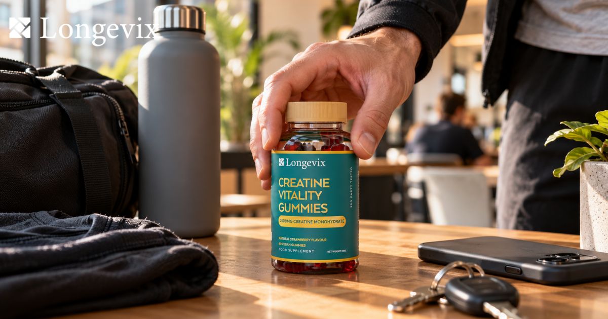Person picking up Longevix Creatine Vitality Gummies beside a gym bag and bottle