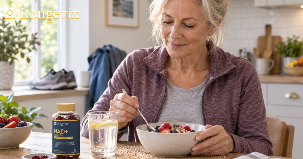 Older woman eating fruit breakfast beside Longevix NAD+ Support Gummies
