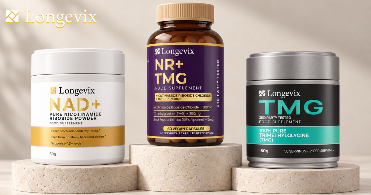 Longevix nicotinamide riboside powder, NR plus TMG and TMG powder products together
