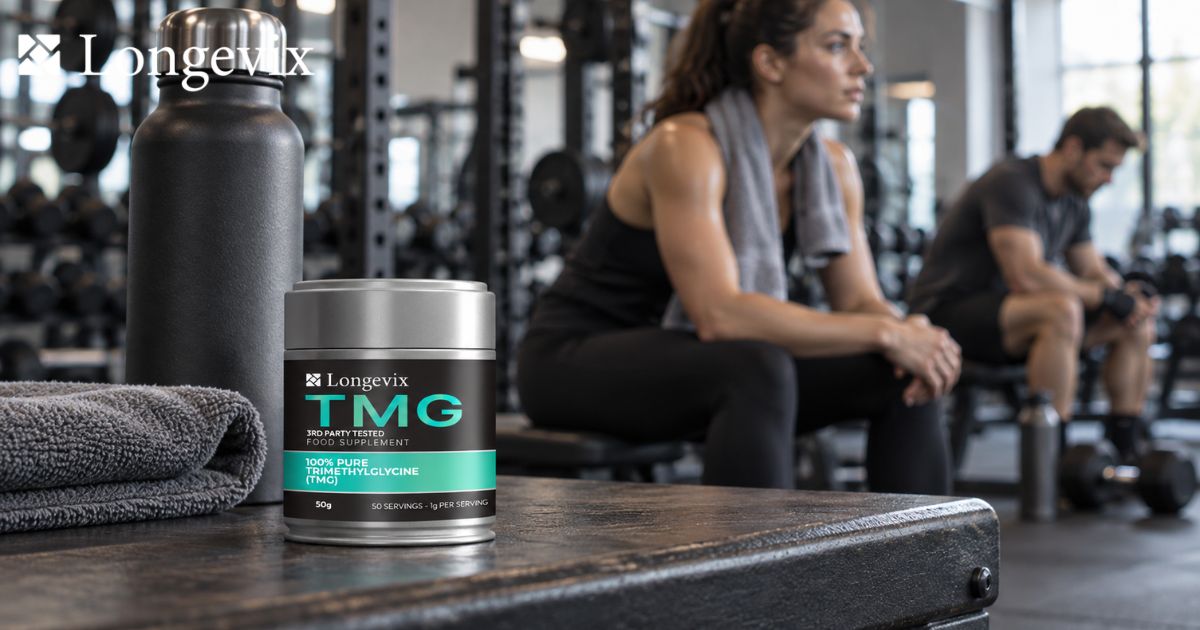 Longevix TMG powder tin beside a seated woman resting at the gym