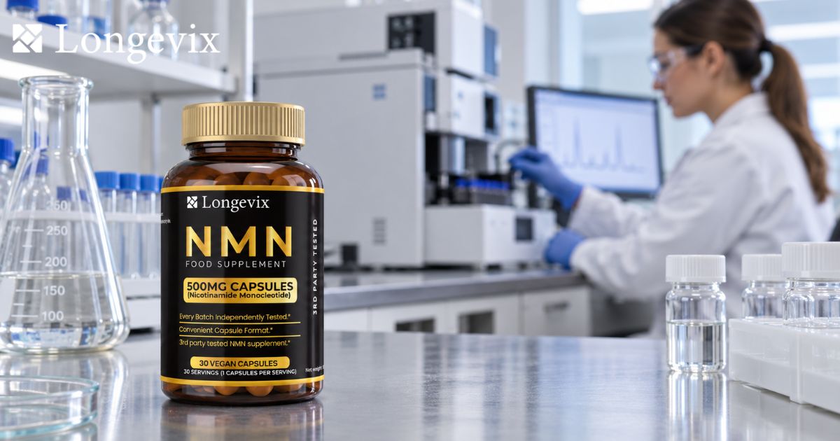 Longevix NMN capsules bottle with a scientist working at laboratory equipment