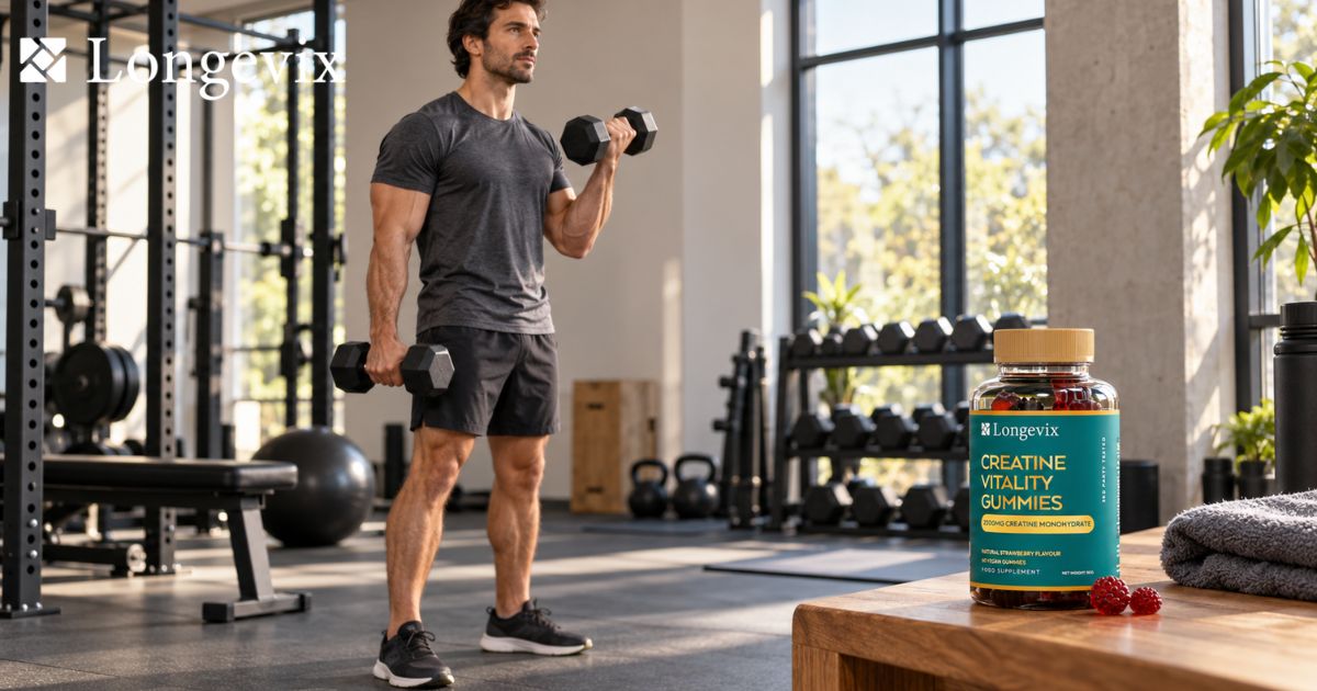 Longevix Creatine Vitality Gummies on a gym shelf while an adult man performs dumbbell training