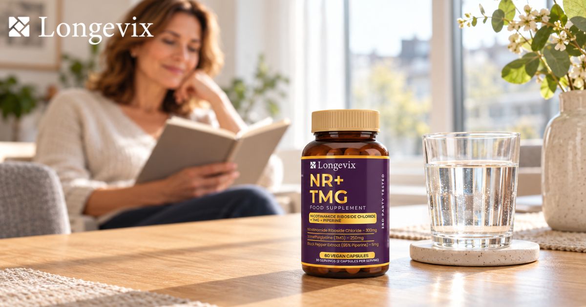 Longevix NR + TMG Capsules beside a glass of water in a bright home wellness setting