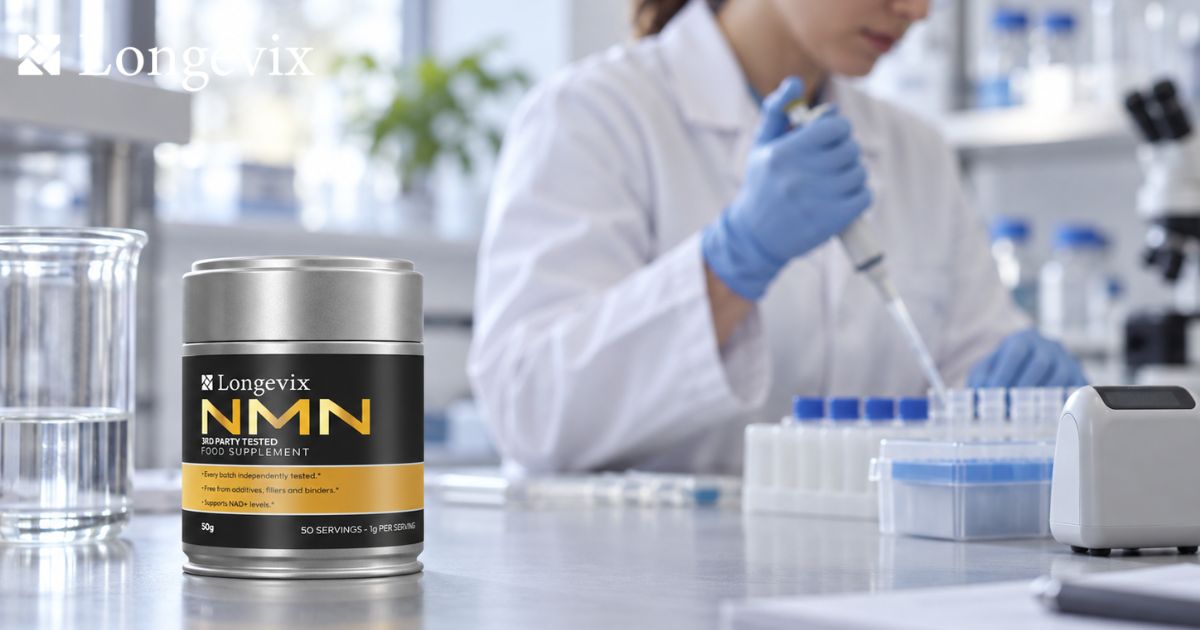 Longevix NMN powder tub beside scientist handling laboratory samples