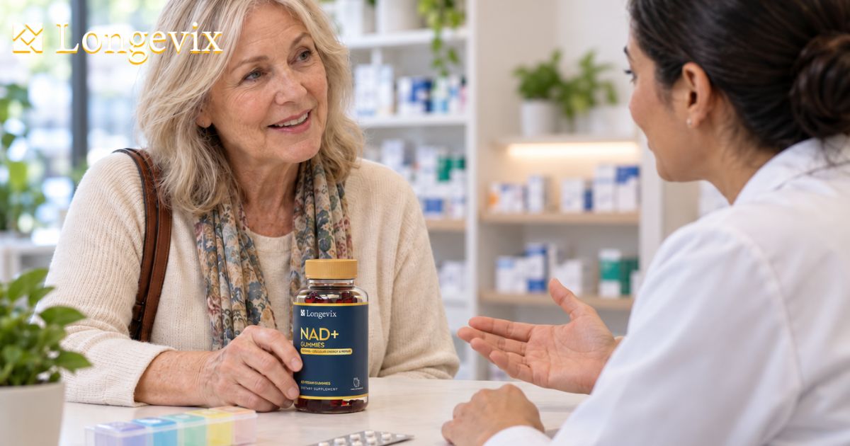 Older woman speaking with a healthcare professional beside Longevix NAD+ Gummies