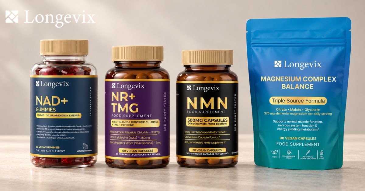 Longevix NAD+ gummies, NR + TMG capsules, NMN capsules and magnesium pouch arranged for comparison