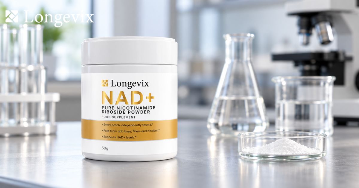 Longevix nicotinamide riboside powder container beside glass laboratory flasks