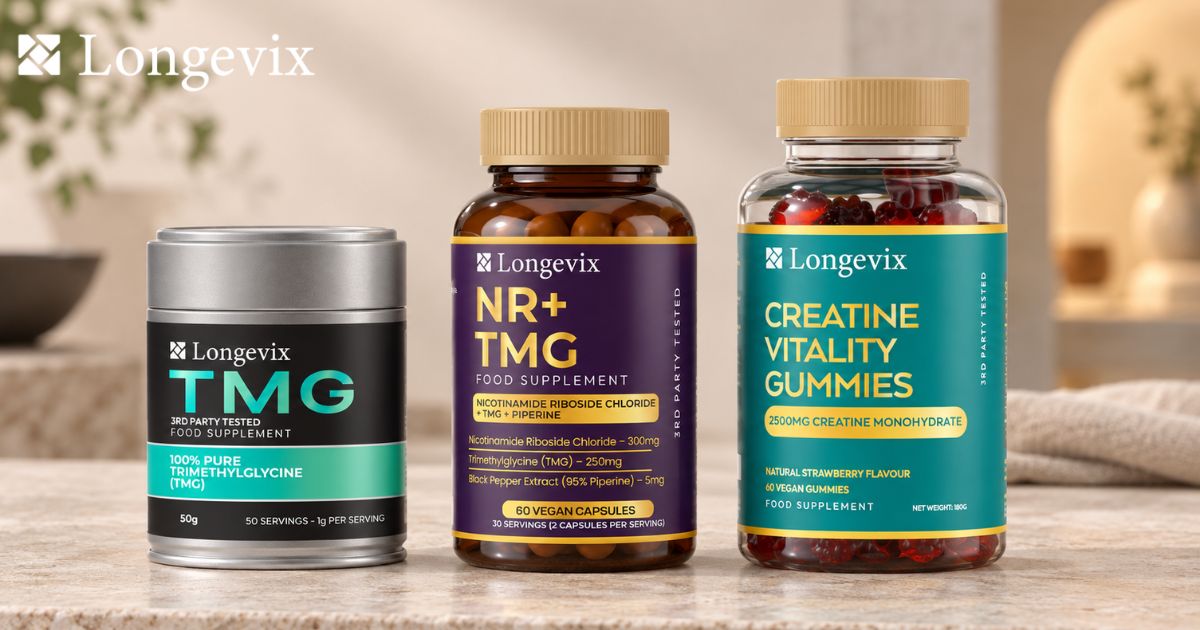Longevix TMG powder, NR + TMG capsules and Creatine Vitality Gummies arranged for a supplement format comparison