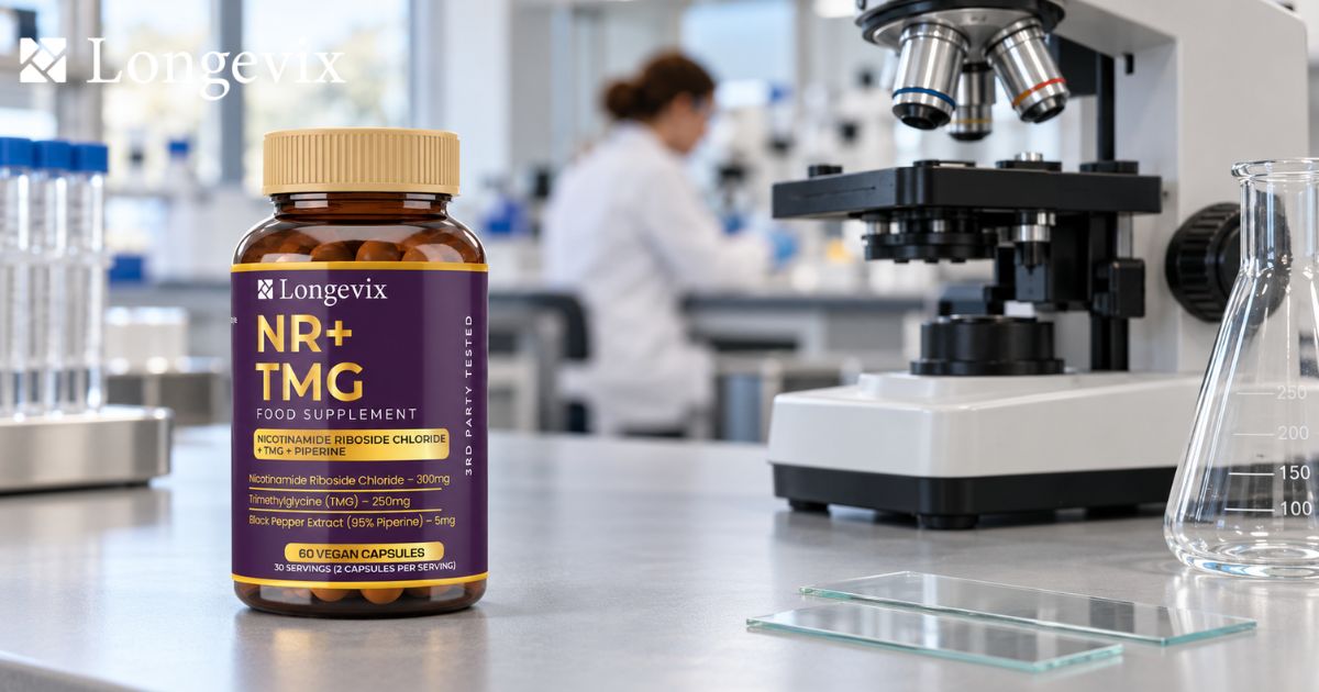 Longevix NR + TMG Capsules beside laboratory equipment in an editorial scene about NAD+ metabolism