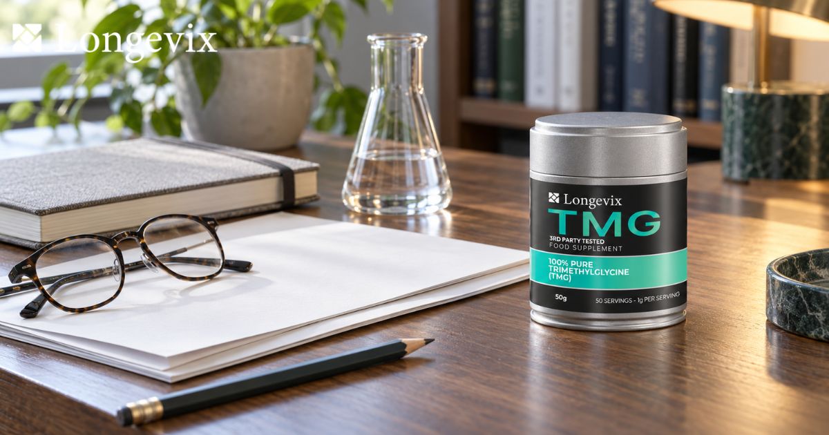 Longevix TMG powder tin alongside reading glasses and research materials on a modern scientific workspace
