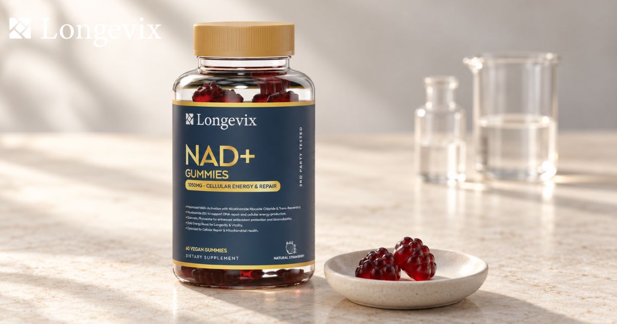 Longevix NAD+ Support Gummies beside laboratory glassware and red gummies