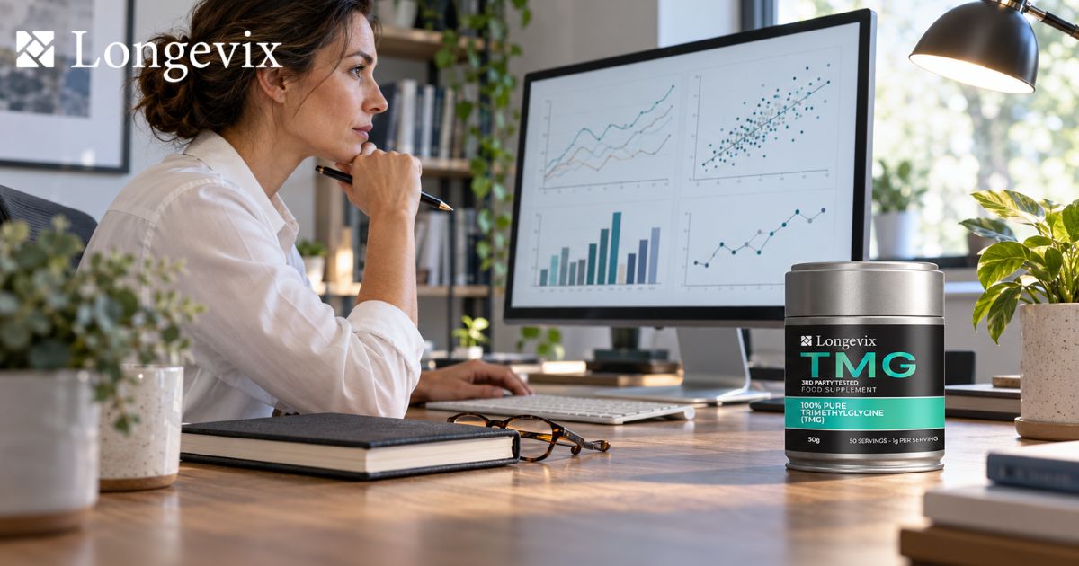 Woman studying charts on a desktop computer beside Longevix TMG powder