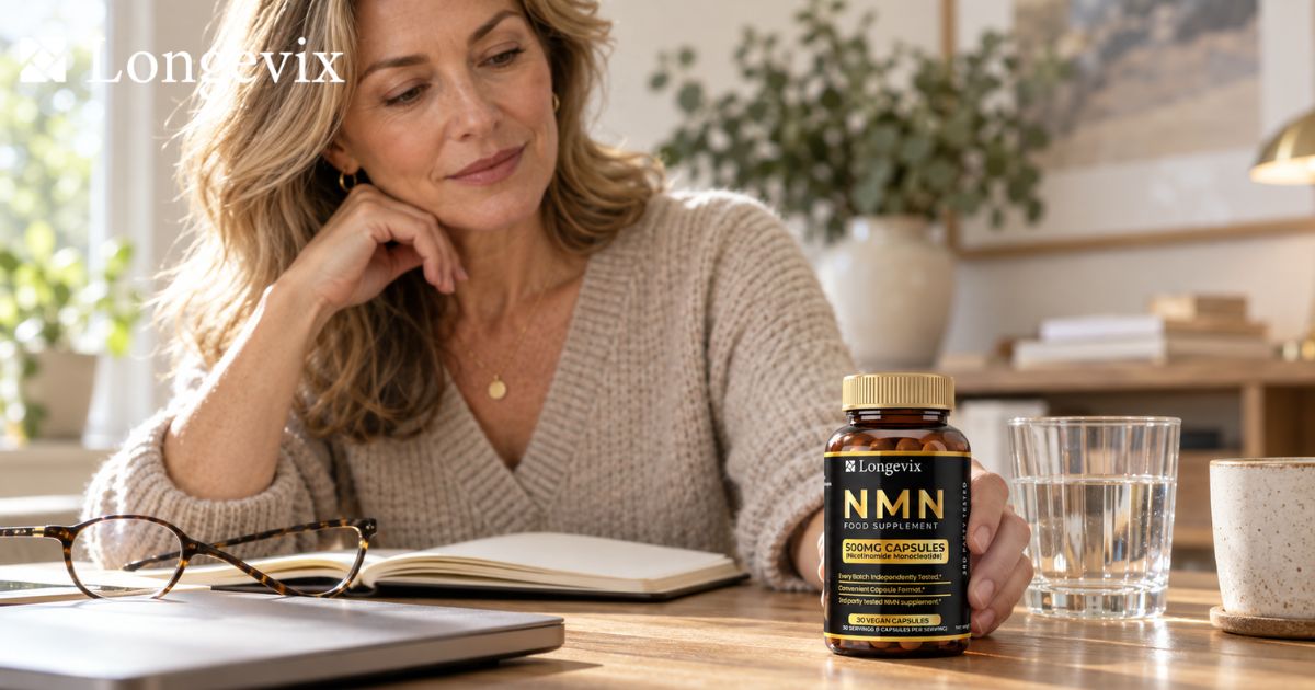 Longevix Pure NMN Capsules bottle on a desk as an adult reviews supplement information at home