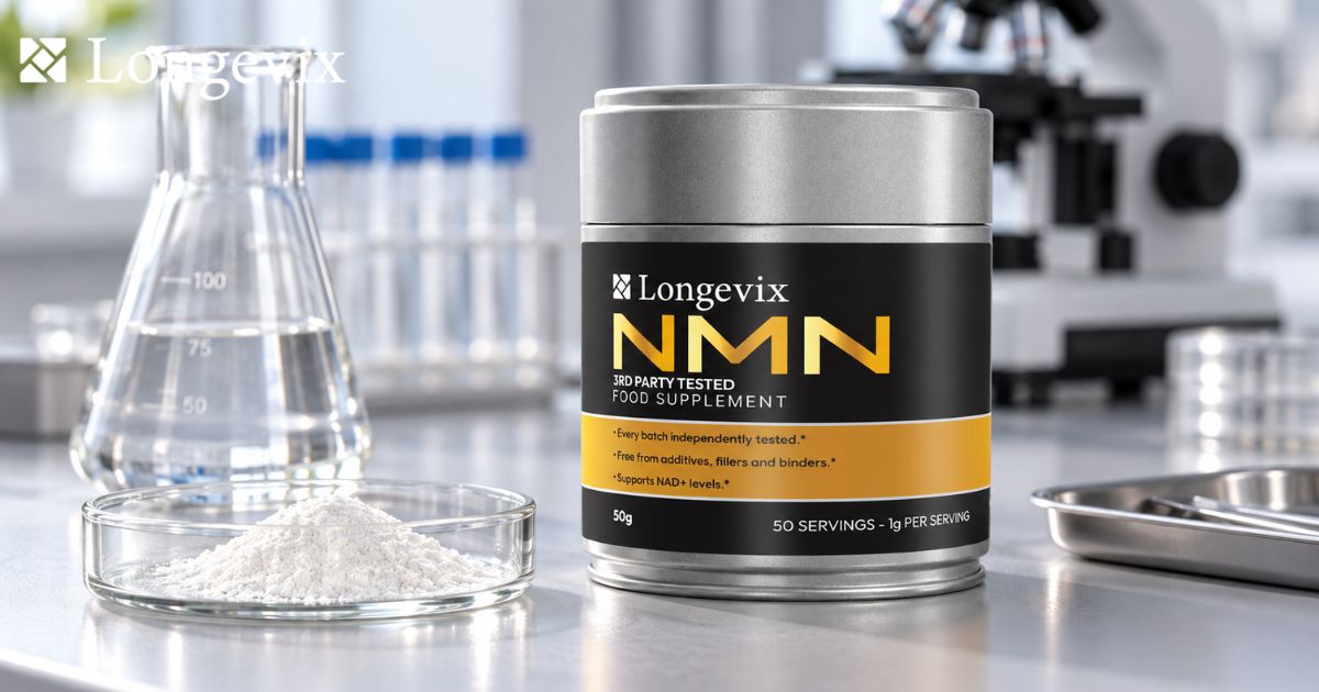 Longevix NMN powder tin beside laboratory flasks and a powder sample