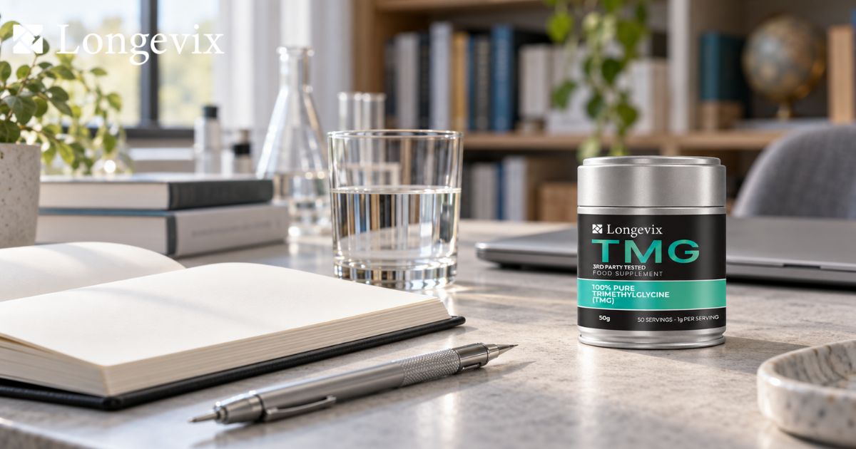 Longevix TMG powder tin on a scientific research desk with a notebook and glass laboratory vessel