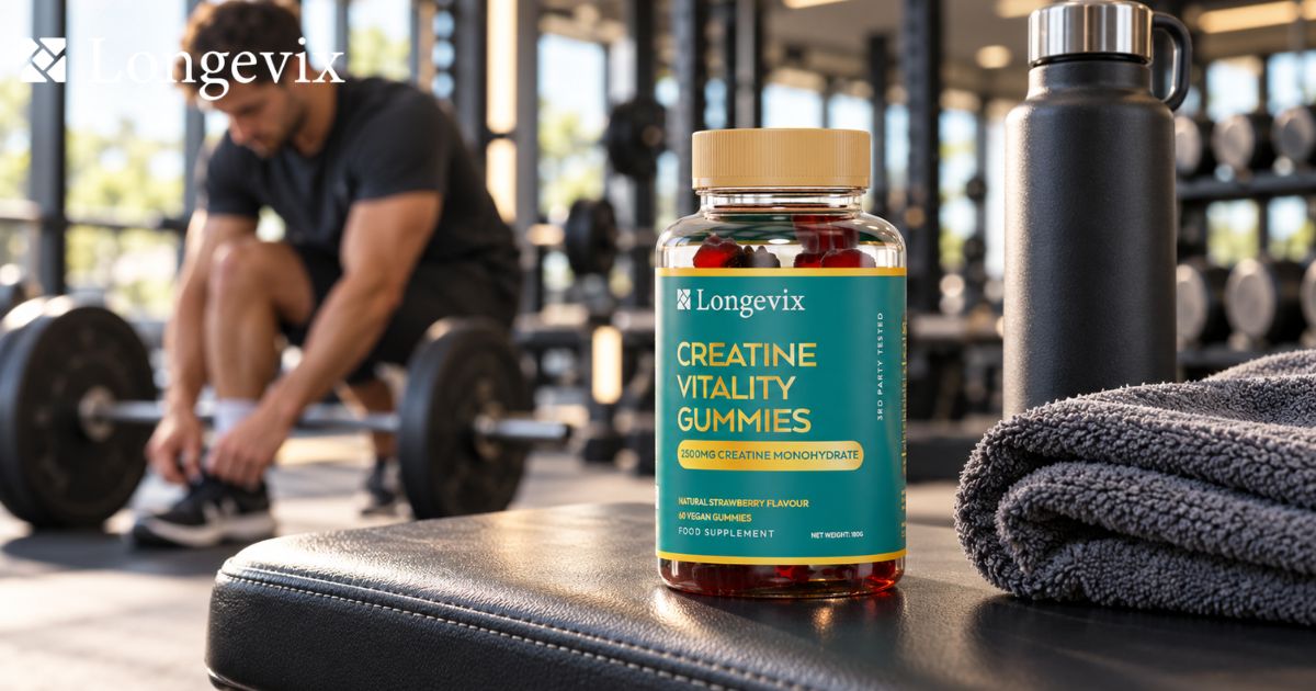 Longevix Creatine Vitality Gummies in a gym with a man lifting weights