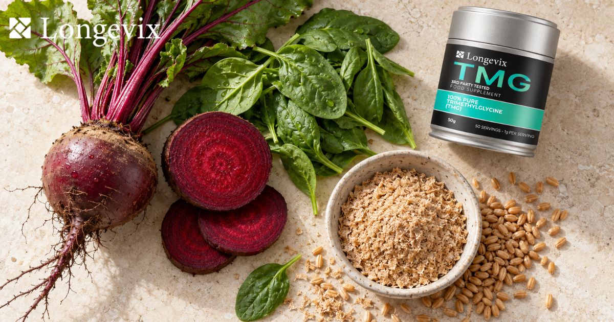 Beetroot, spinach and wheat bran arranged beside Longevix Pure TMG Powder as dietary betaine sources