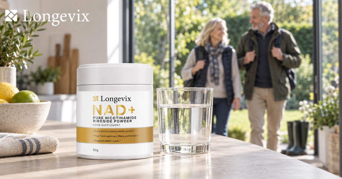 Longevix nicotinamide riboside powder near a window with an older couple walking outdoors