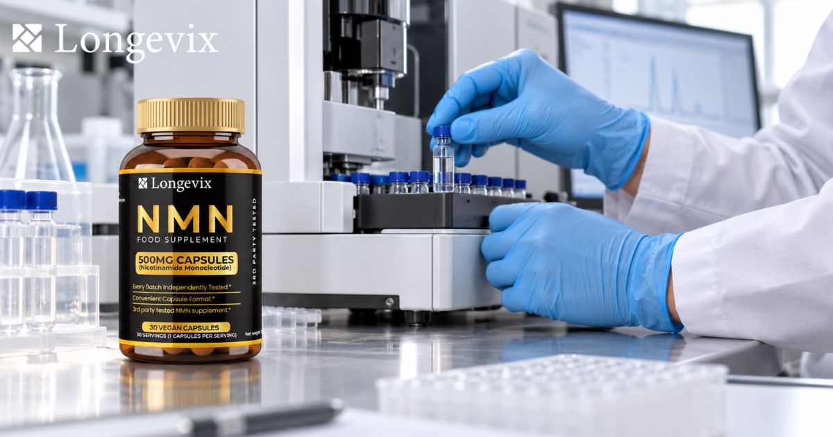 Longevix Pure NMN Capsules 500mg beside laboratory equipment during an analytical testing scene.