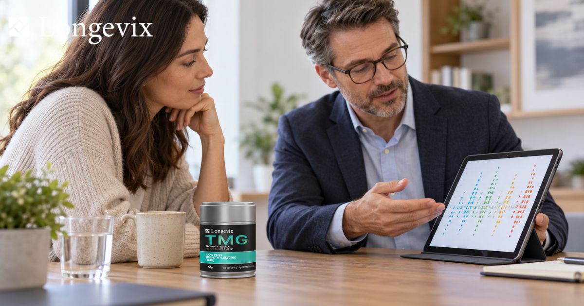 Two adults discussing a tablet display with Longevix TMG powder on the table