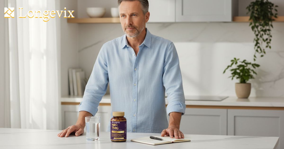 Man reviewing a Longevix NR supplement beside water in a bright kitchen