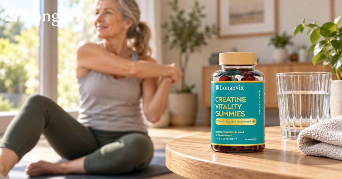 Longevix Creatine Vitality Gummies beside water in a bright home where an adult completes a gentle stretch