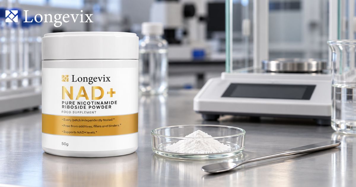 Longevix nicotinamide riboside powder tin with laboratory instruments behind it