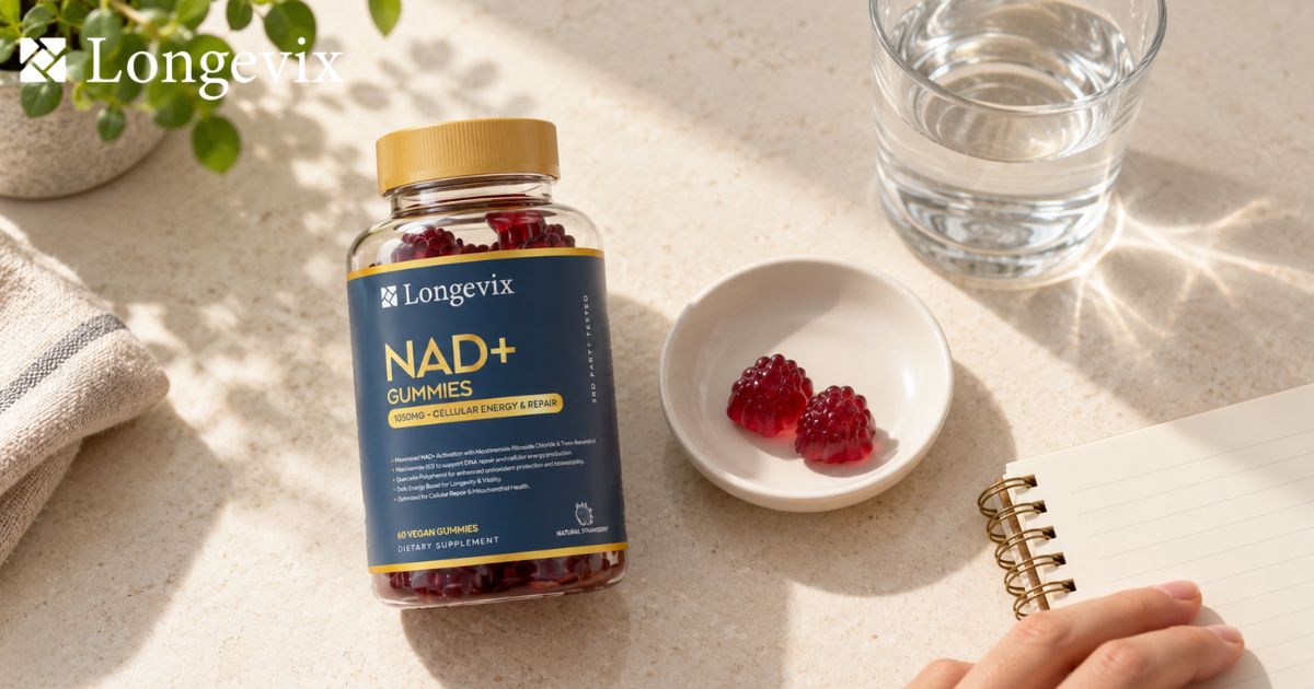 Two red gummies beside Longevix NAD+ Support Gummies, a glass of water and a notebook on a stone counter