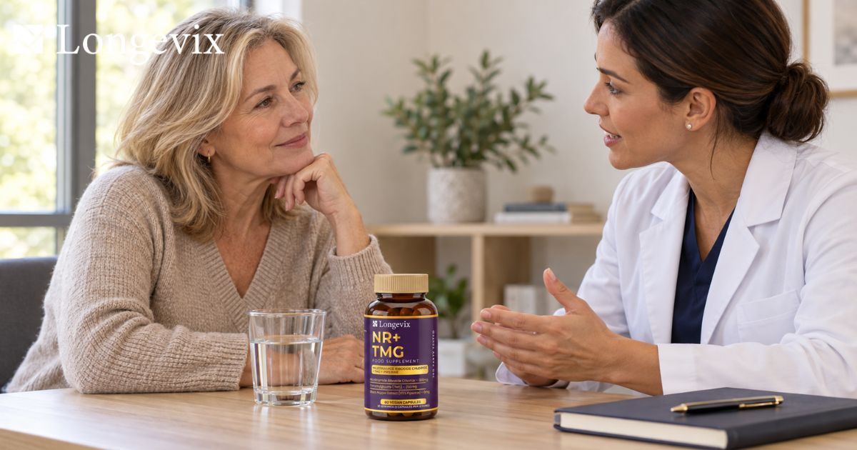 Health professional talking to an older woman with NR plus TMG capsules on the table