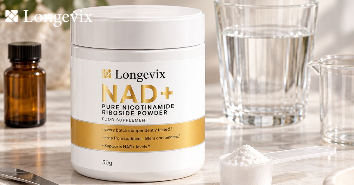 Longevix nicotinamide riboside powder tub and a glass of water