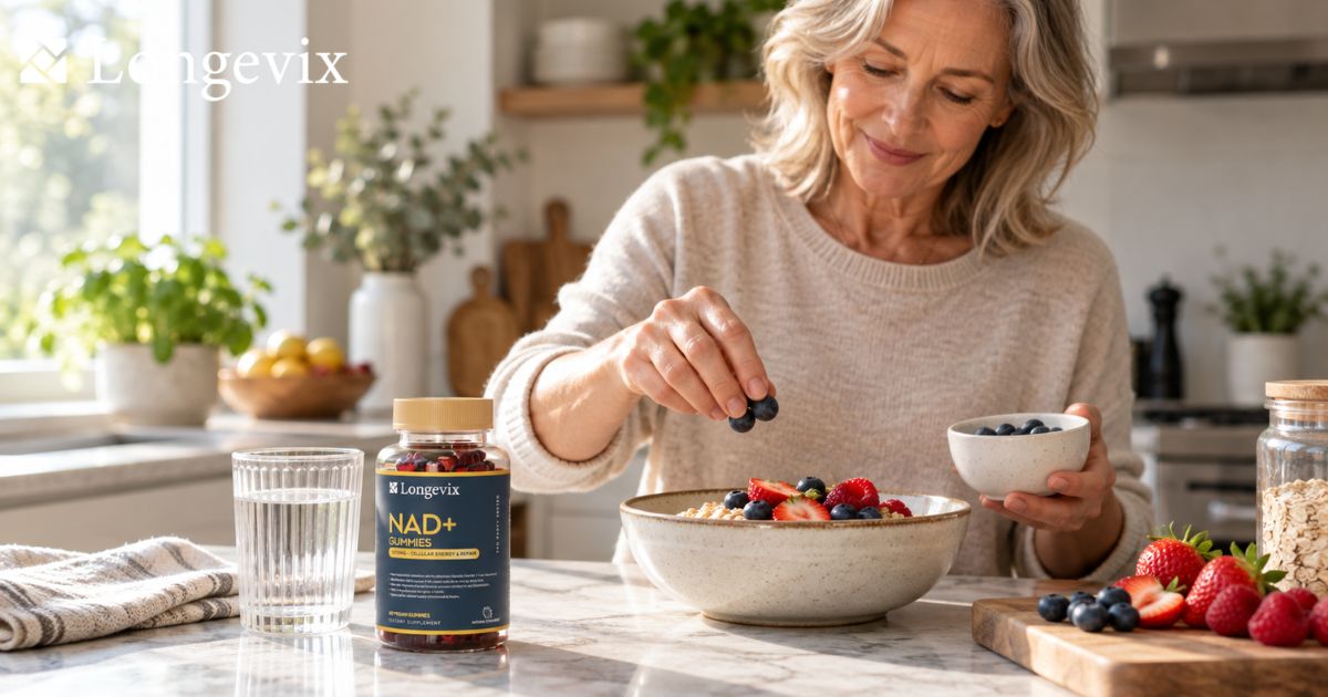 Woman preparing berries beside a Longevix NAD+ gummies bottle at breakfast