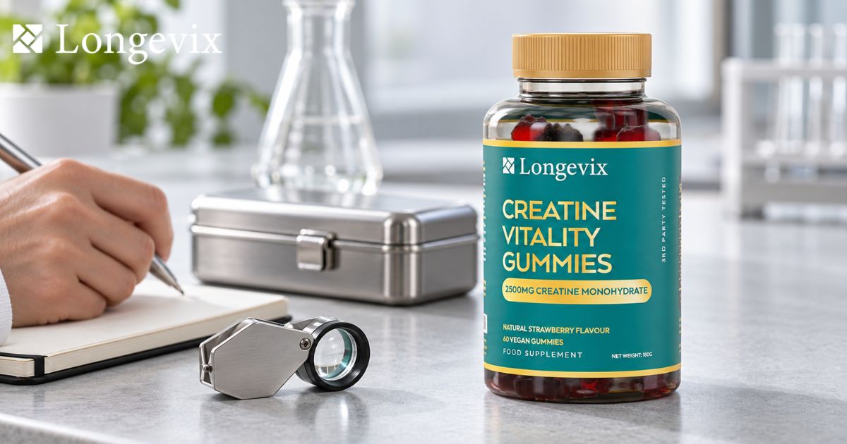 Longevix Creatine Vitality Gummies beside inspection tools on a clean, laboratory inspired workbench
