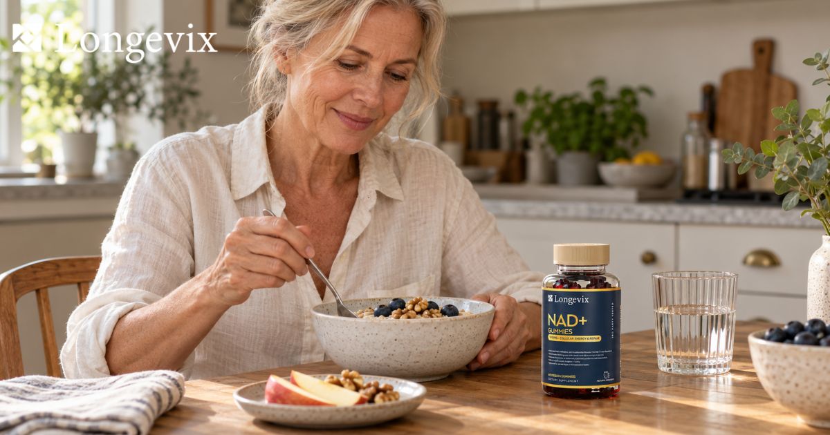 Longevix NAD+ Support Gummies beside a nutritious breakfast in a naturally lit kitchen with a mature woman