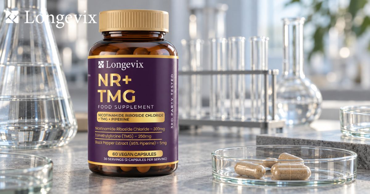 Longevix NR + TMG Capsules bottle in a science inspired still life with clear laboratory glassware