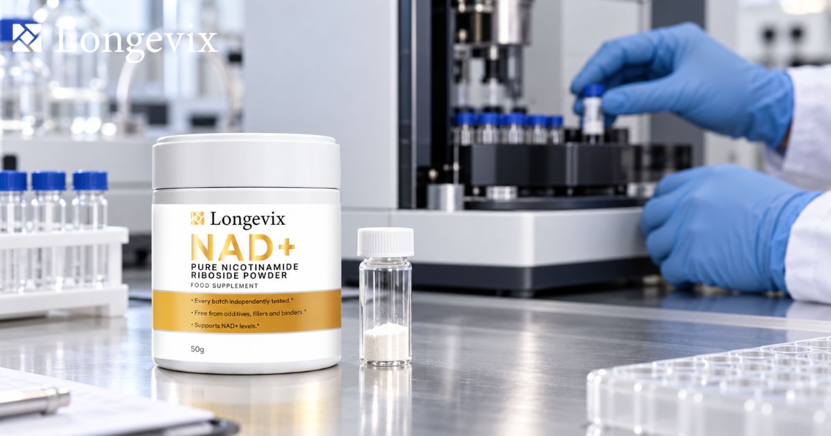 Longevix nicotinamide riboside powder beside laboratory sample processing equipment