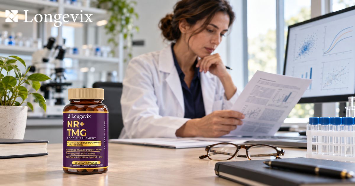 Researcher checking paperwork beside a Longevix NR plus TMG capsules bottle