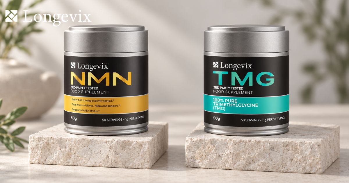 Longevix NMN powder and TMG powder tins displayed on stone stands