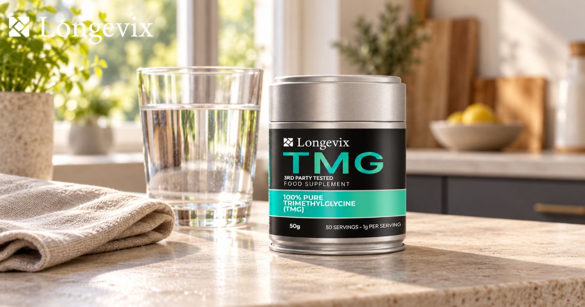 Longevix Pure TMG Powder 50g tin beside a water glass on a softly lit stone kitchen counter