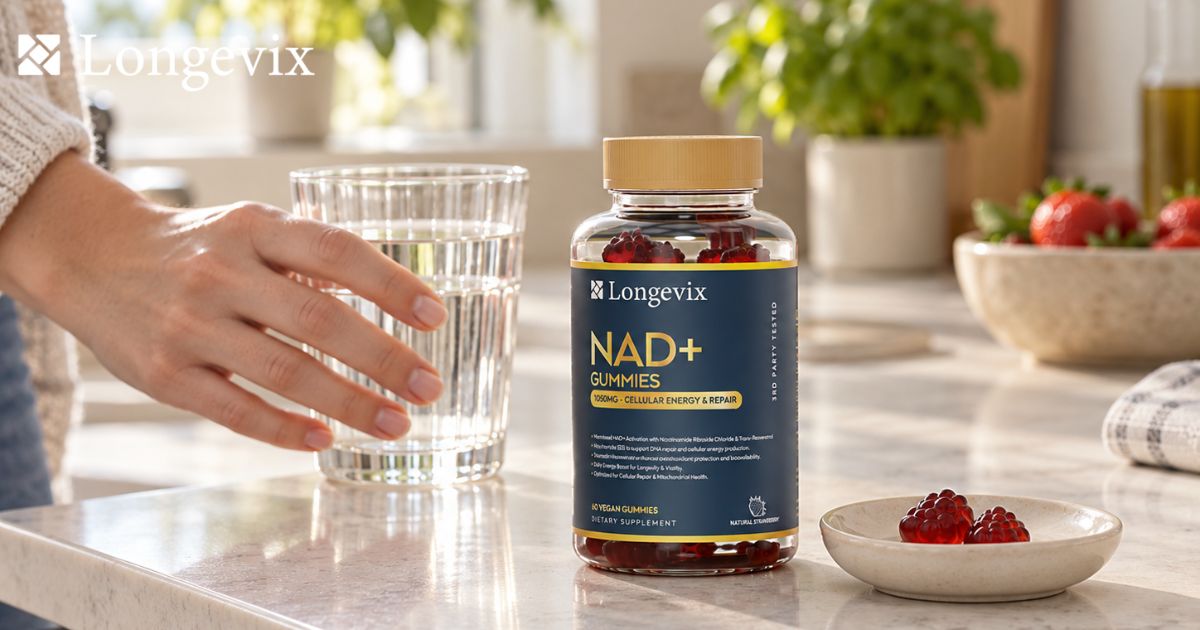 Longevix NAD+ Support Gummies beside water and berries in a kitchen