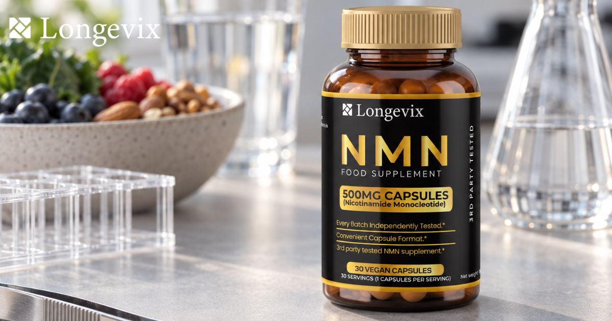 Longevix NMN Capsules bottle beside laboratory glassware and berries