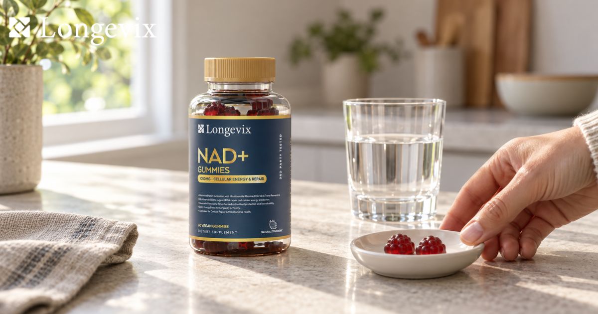 Longevix NAD+ Support Gummies beside a water glass and red gummies