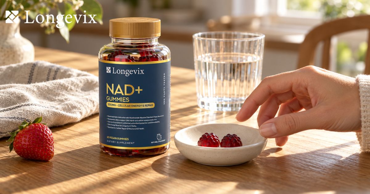 Longevix NAD+ Support Gummies with two red gummies, a strawberry and a glass of water on a wooden table