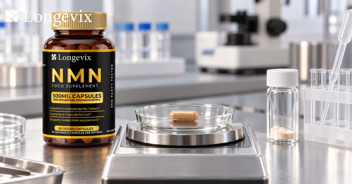 Longevix NMN capsules bottle beside a laboratory scale, sample tubes and equipment