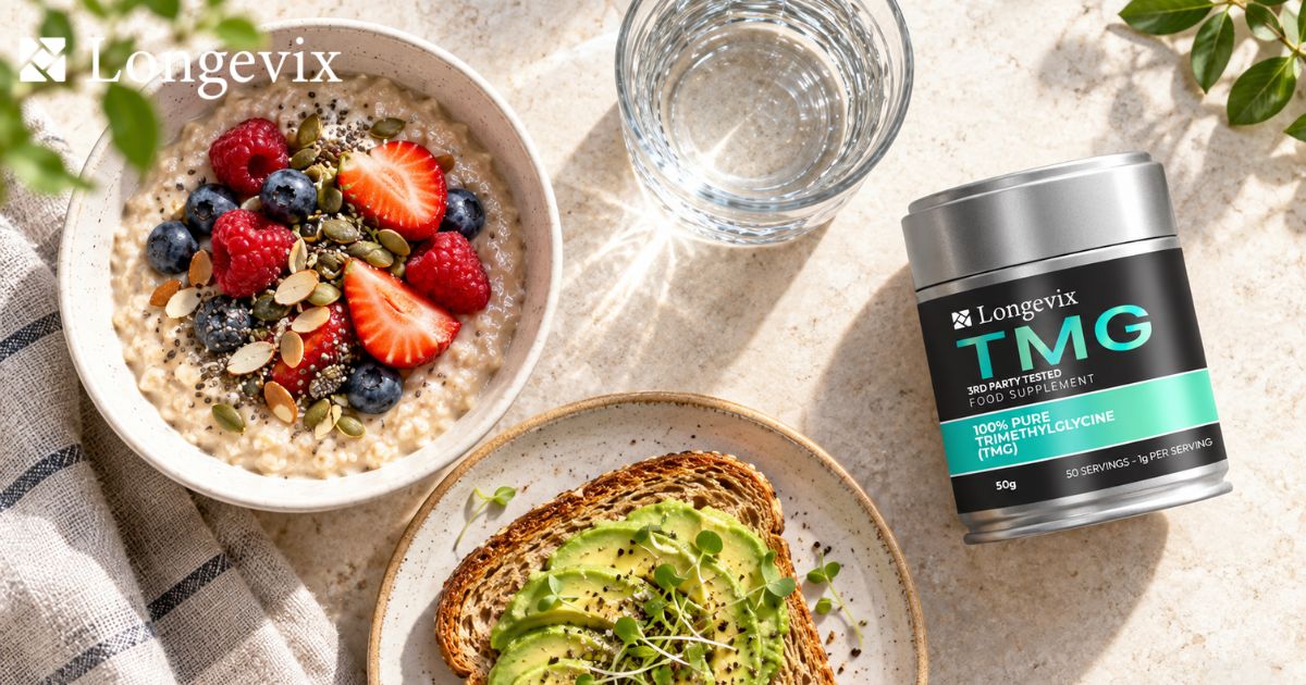 Longevix TMG powder beside fruit porridge and avocado toast