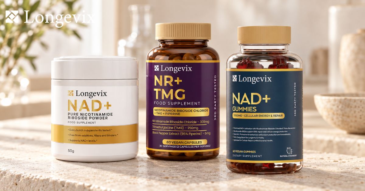 Longevix NR powder, NR + TMG capsules and NAD+ Support Gummies arranged for comparison.