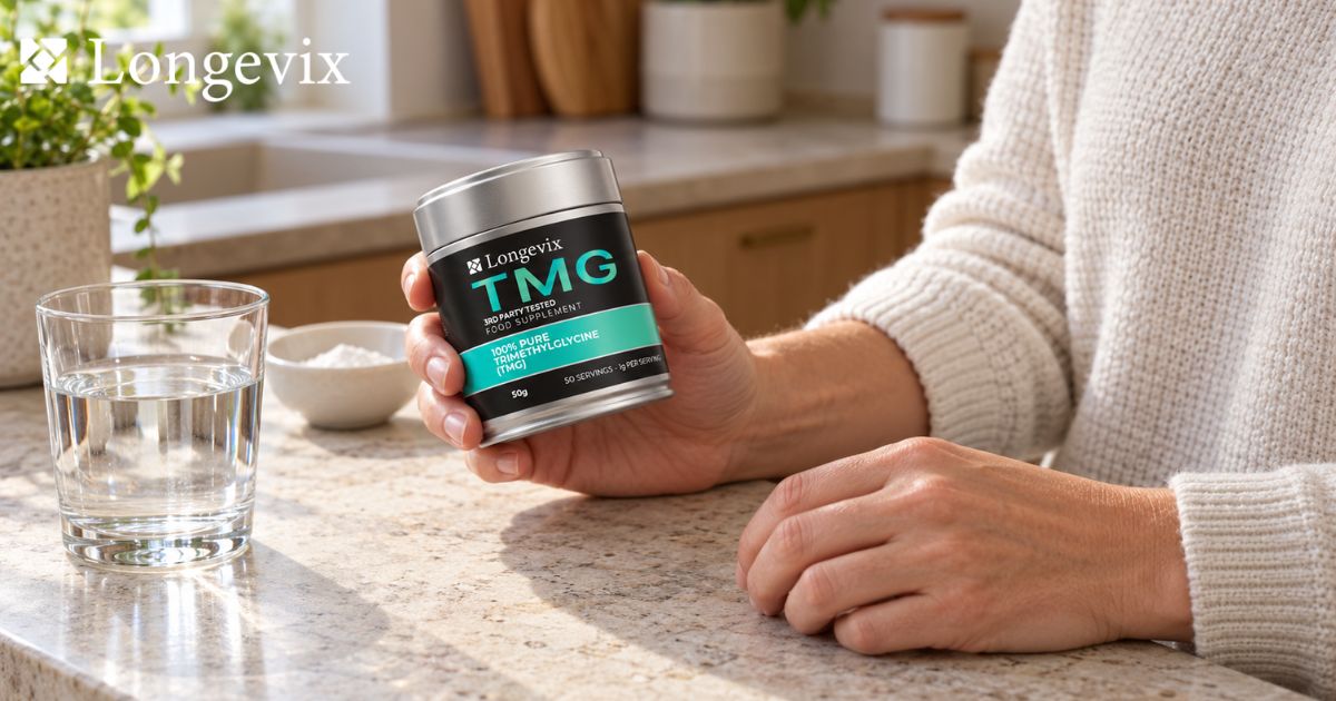 Person holding Longevix TMG powder tin beside a glass of water at home