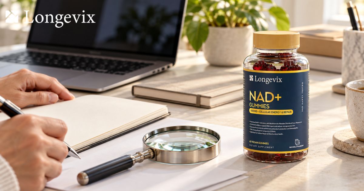 Longevix NAD+ Support Gummies beside a magnifying glass and unmarked documents on a professional desk